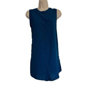 41 Hawthorn Sleeveless Blue Tunic Blouse Button Up Blouse Top Collarless Tunic